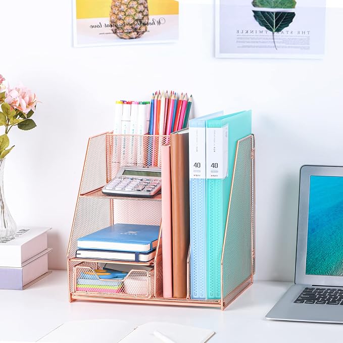 Topwey Rose Gold Desk Accessories, Office Supplies Desk Organizer Caddy with Sliding Drawer, Double Tray, File Organizer and pen holder for Home, Office School - Image 6