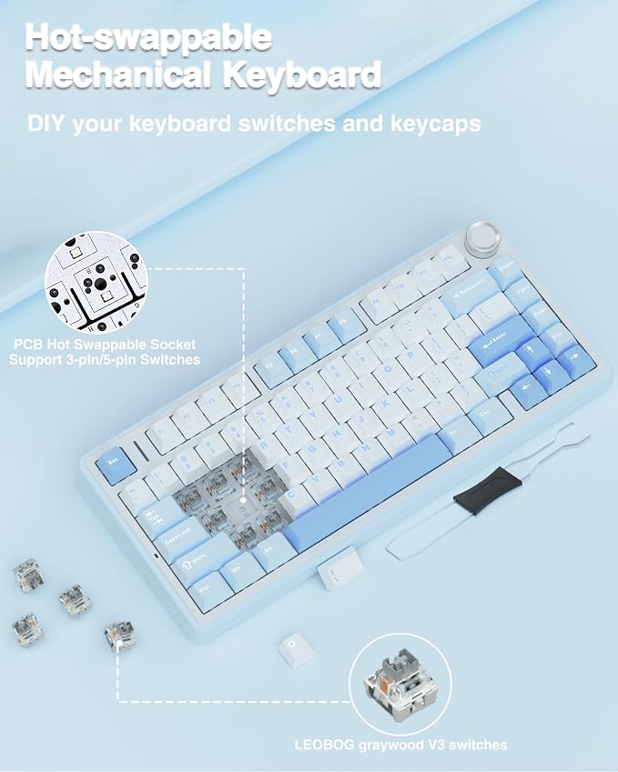 AULA F75 75% Wireless Mechanical Keyboard, Hot Swappable Creamy Keyboard, Pre-lubed Greywood Switches RGB Backlit Gaming Keyboards, 2.4GHz/Type-C/BT5.0(Salt White Blue) - Image 6
