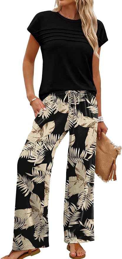WIHOLL Two Piece Set for Women Summer Spring Outfits Matching Sets Women Clothing Airport Travel Vacation Wide Leg Pants - Image 2