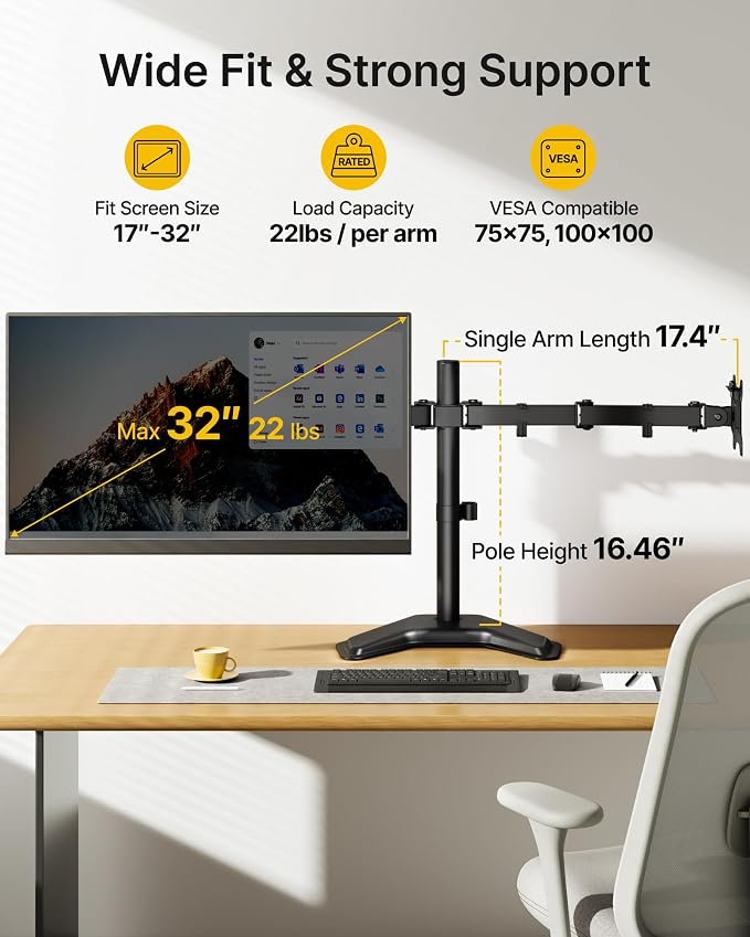 monTEK Freestanding Dual Monitor Stand for 17-32" Screens, 22 lbs Each | Solid V-shaped base, dual-screen full-motion arms, height adjustment, tilt, swivel, rotation and VESA 75/100 - Image 2