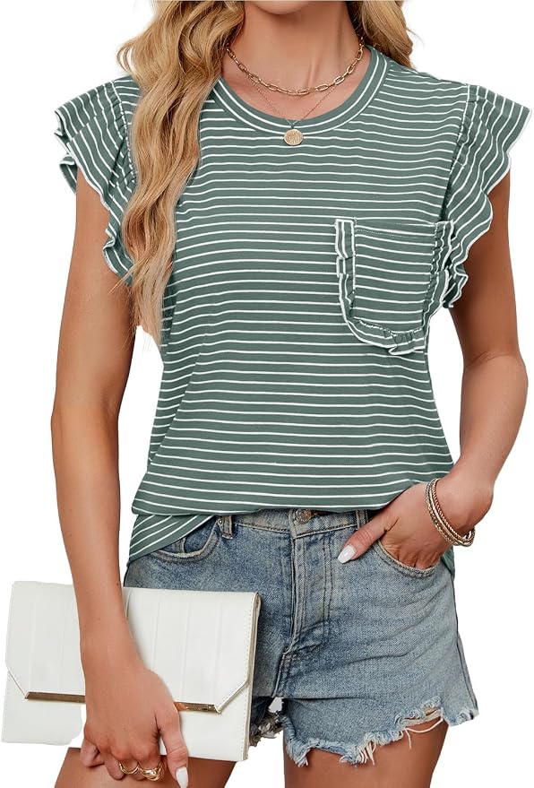 JUSTFASHIONNOW Womens Summer Tops Striped T-Shirts 2026 Ruffle Short Sleeve Crew Neck Casual Blouses with Pocket - Image 5
