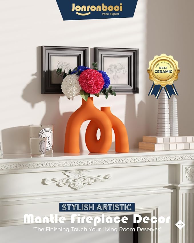 Hug Donut Decorative Vase Set - Modern Vases Home Decor, Decorative Vase for Bookshelf, Entryway Table, Dining Table Centerpiece, Mantle or Fireplace Decor, Console (Orange) - Image 7