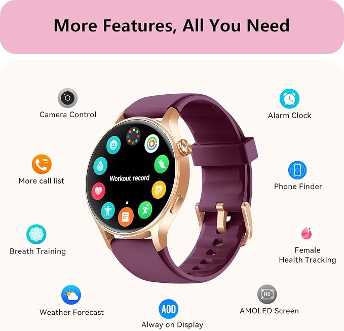 Smart Watch for Women, Answer/Makr Call, 1.32'' AMOLED Ultra-Clear Screen Fitness Trackers with Heart Rate/Sleep/SpO2 Monitor, Smartwatch for iPhone/Samsung/Android, 110+ Sport Modes, 3ATM Waterproof - Image 7