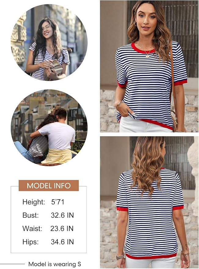 Dokotoo Womens Tops 2026 Casual Summer Crewneck Short Sleeve Striped Color Block Knit High Low Trendy Pullover Sweaters - Image 4