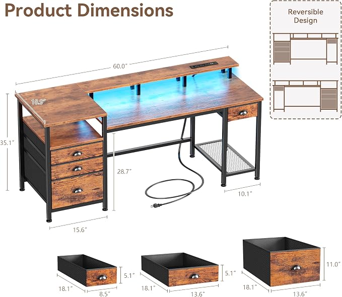 Furologee 60" Computer Desk with 4 Drawers, Power Outlet, LED, Rustic Brown | Home Office Desk with Full Monitor Stand,Storage Shelves, 4 File Drawers Cabinet ,Printer Space for Study Working Bedroom - Image 3