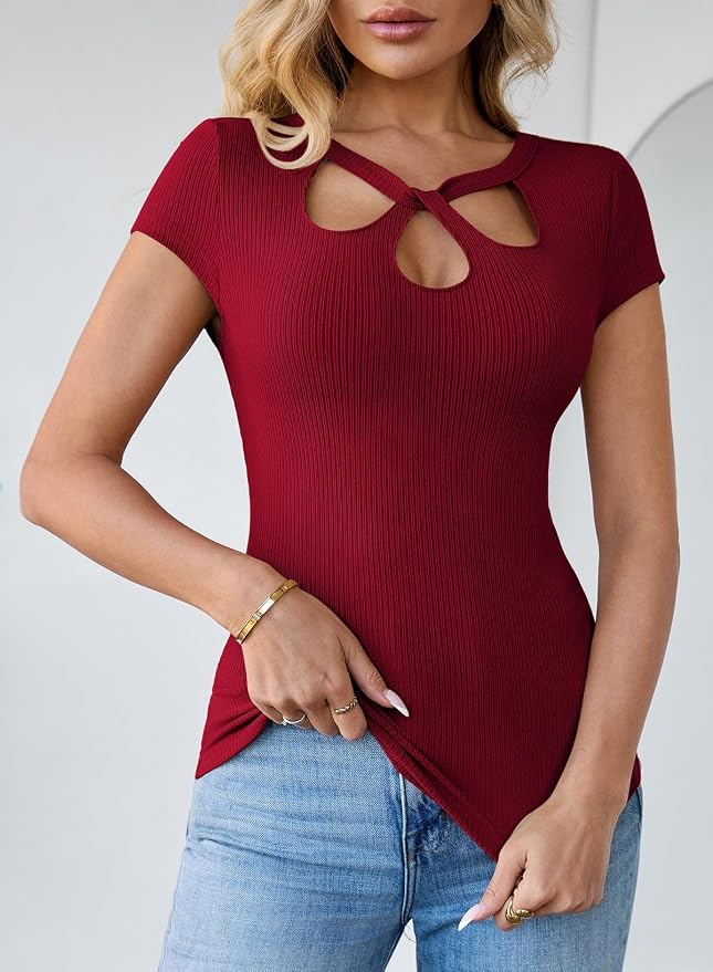 Pink Queen Sexy Tops for Women Cutout Keyhole Neck Cap Sleeve Shirts Casual Summer Clothes 2026 Fashion - Image 3
