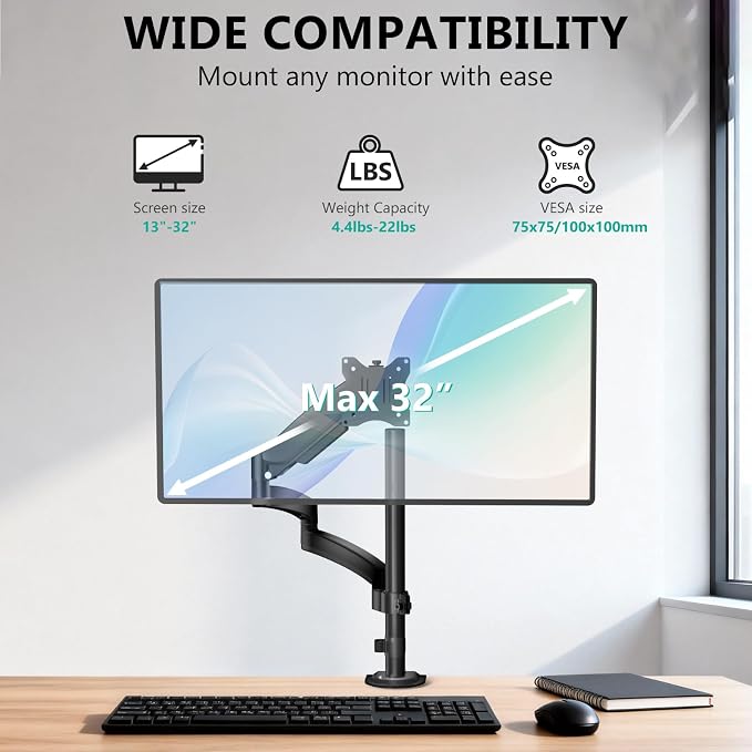 WALI Single Long Monitor Arm - Computer Monitor Arm Desk Mount for 13-32 inch, Hold up to 19.8lbs, Extra Long Adjustable Stand, Full Motion Tall Arm, VESA 75/100mm, (GSDM001L) - Image 4