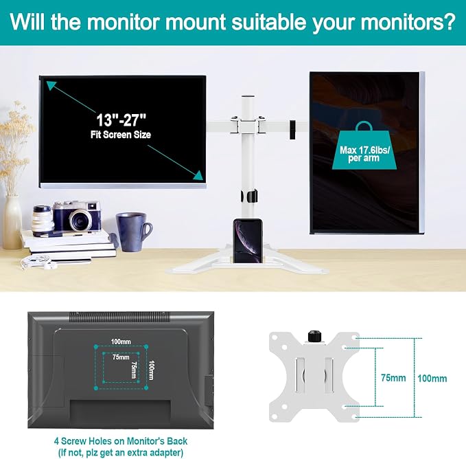 MOUNT PRO Dual Monitor Stand, Free-Standing Full Motion Monitor Desk Mount Fits 2 Screens up to 27 inches,17.6lbs with Height Adjustable, Swivel, Tilt, Rotation, VESA 75x75 100x100,White - Image 6