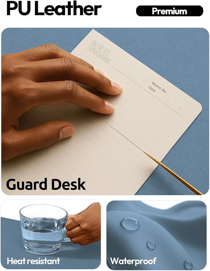 YSAGi Leather Desk Protector, Office Mat, Large Mouse Mat, Non-Slip PU Leather Blotter, Laptop Desk Mat, Waterproof Writing Pad for Office and Home(Blue, 63" x 24") - Image 3