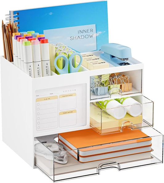Marbrasse Desk Organizer with 3 Drawer, Multi-Functional Pencil Pen Holder for Desk, Desk Organizers and Accessories with 4 Compartments, Desktop Organizer Storage for Office Home Art Supplies (White) by Marbrasse