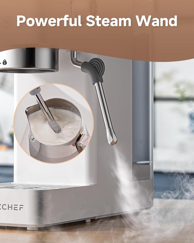 AMZCHEF Compact Espresso Machine 20 Bar, Americano, Latte & Cappuccino | Easy One-Touch Brewing, 30s Heat-Up, Stable PID Control, Easy Milk Frothing, Compact Design, 50oz Tank, White - Image 4