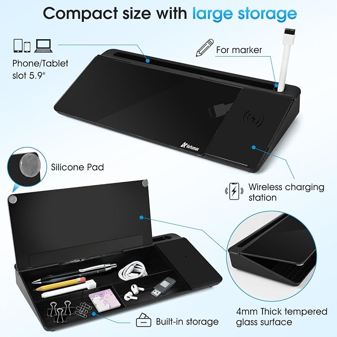 Varhomax Glass Desk Whiteboard Black with Wireless Charger, Desktop Dry Erase White Board with Storage,to Do List Memo Notepad for Home and Office - Image 6