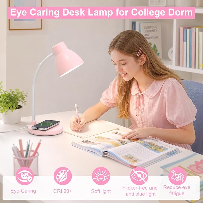 LED Desk Lamp for Home Office with Wireless Charger, Pink | 3 Color Modes Dimmable Eye-Caring Study Reading Dorm Desk Lamp, 360° Flexible Arm Table Lamp for College Dorm Room, 800 Lumen - Image 5