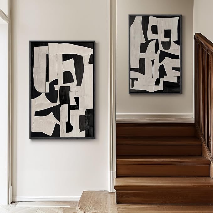 Large Framed Black and White Abstract Wall Art for Living Room, 2 Piece Modern Canvas Prints Paintings Artwork for Walls, Minimalist Black Beige Pictures for Hallway Dining Bedroom Wall Decor 24x36 In - Image 2