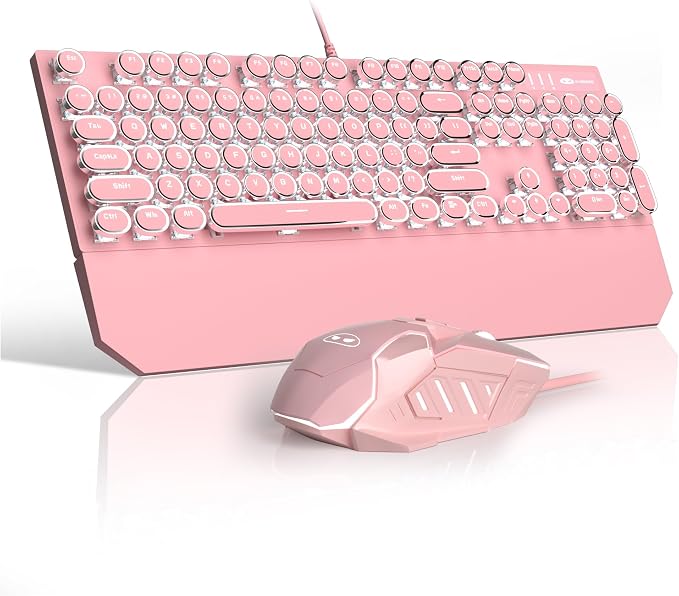 Retro Pink Typewriter-Style Keyboard and Mouse Combo, Cute Light Up Wired Mechanical Keyboard with Linear Red Switches, Full Size for Gaming, Work, Mac, PC, Windows by Camiysn