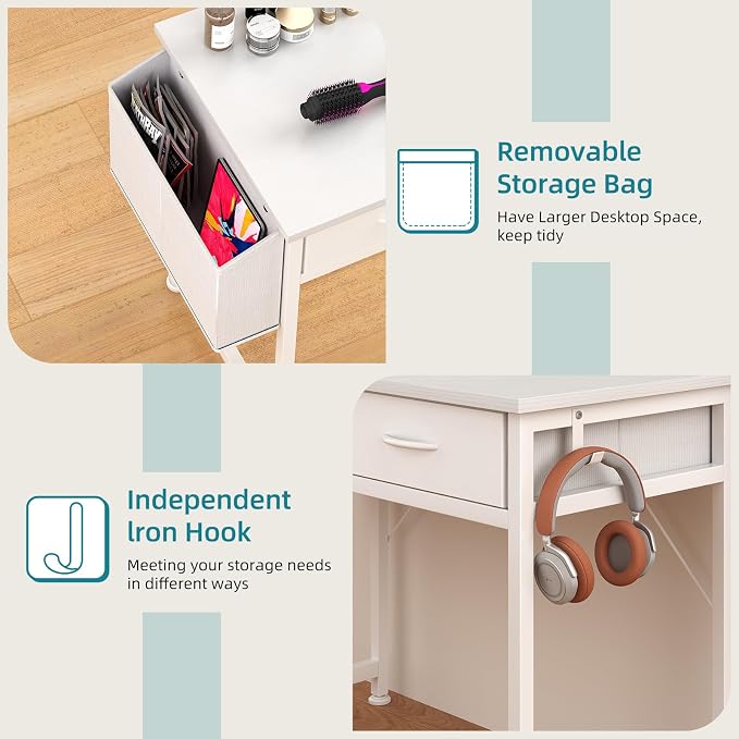 CAIYUN Small White Desk with Fabric Drawers for Bedroom, 31 Inch Home Office Desk with Side Pocket and Hook for Small Space, Makeup Vanity Desks Kid’s Desks to Writing Made of Wood and Metal, White - Image 4
