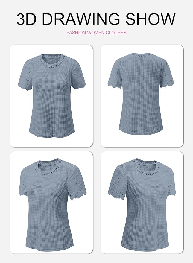 SHEWIN Womens Frenchy Summer Tops Crewneck Short Sleeve T Shirts Casual Waffle Knit Jacquard Blouses Top Shirts - Image 6