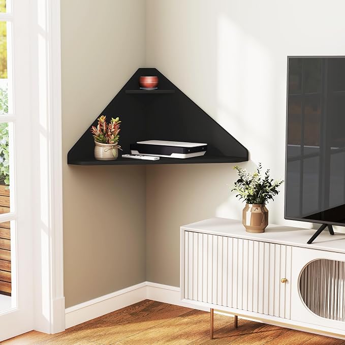 GOFLAME Floating Corner Desk, Wall Mounted Triangular Computer Desk w/Storage Shelf, Space-Saving Design, 90° Wooden Floating Home Office Desk for Writing, Working, Studying (Black) - Image 8