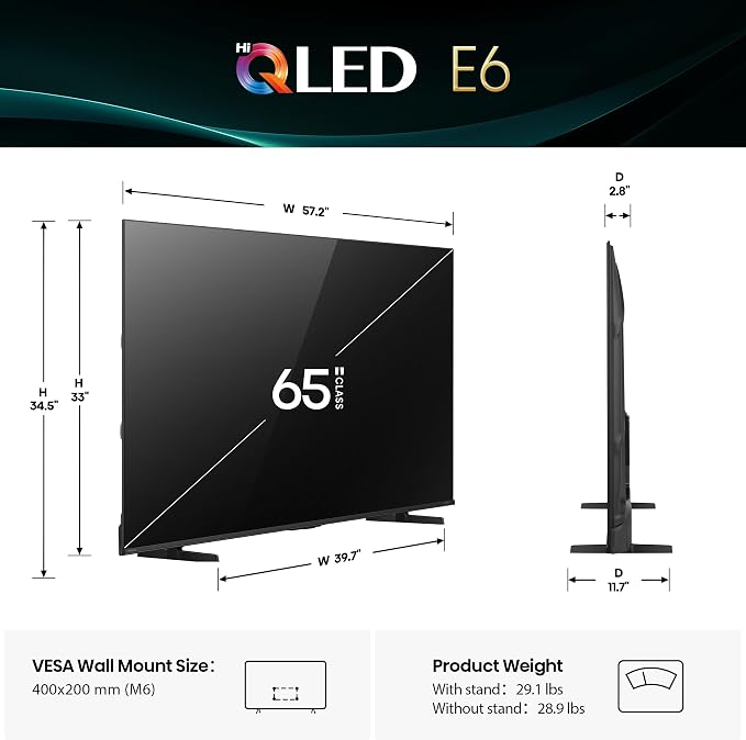 Hisense 65" E6 Cinema Series Hi-QLED 4K UHD Smart Fire TV (65E6QF) -AI Light Sensor, Dolby Vision · Atmos, Voice Remote with Alexa, Motion Rate 120, HDR 10+ Adaptive, Game Mode Plus - Image 3