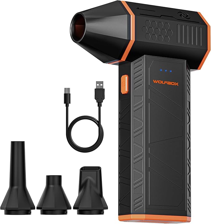 WOLFBOX MegaFlow 50 Compressed Air Duster, 110,000 RPM, 3-Gear Adjustable | Electric, Mini Blower, Fast Charging, Computer, Keyboard, House, Outdoor, Car, 0.45 lb Lightweight, 4 Nozzles by WOLFBOX