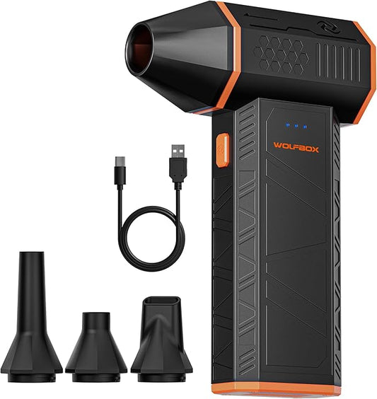 WOLFBOX MegaFlow 50 Compressed Air Duster, 110,000 RPM, 3-Gear Adjustable | Electric, Mini Blower, Fast Charging, Computer, Keyboard, House, Outdoor, Car, 0.45 lb Lightweight, 4 Nozzles by WOLFBOX