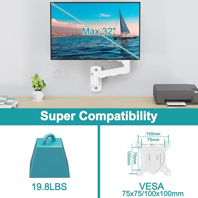 MOUNT PRO Single Monitor Wall Mount for 13 to 32 Inch Computer Screens, Height Adjustable Wall Mount Monitor Arm Holds Up to 19.8lbs, Full Motion Wall Bracket, VESA Mount 75x75, 100x100, White - Image 8