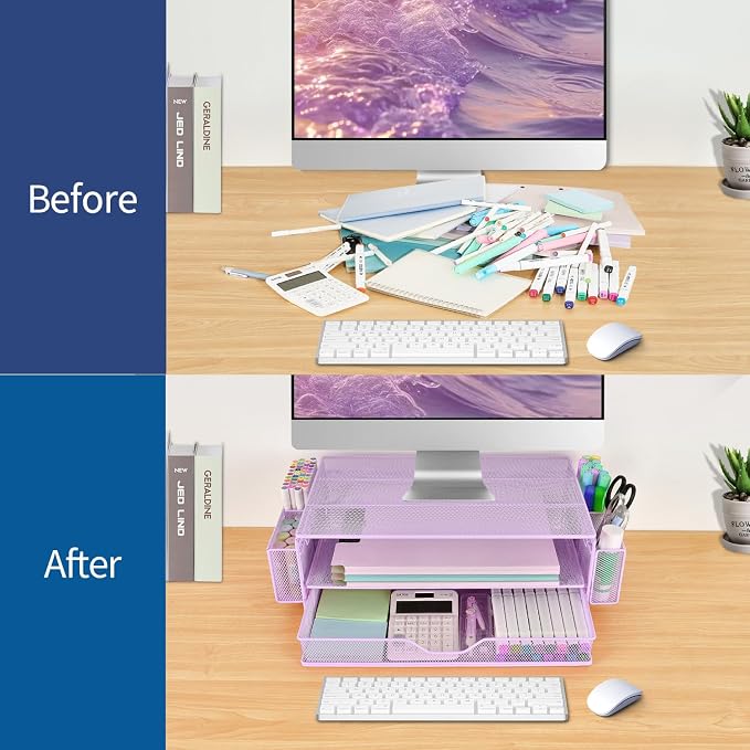 AUPSEN Computer Monitor Stands Riser，2-Tier Desk Organizers and Accessories, Office Desk Accessories Organizer with Drawers and 2 Pen Holder for Office Supplies (Purple) - Image 3