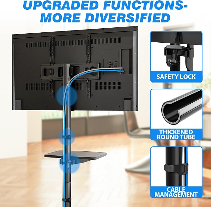 Rfiver Mobile TV Stand for 23-65 Inch LCD LED Flat/Curved Panel Screen TVs up to 88 lbs, Rolling TV Stand with Adjustable Shelf & Tilt, Portable Floor Stand on Wheels for Bedroom, Living Room, Office - Image 6