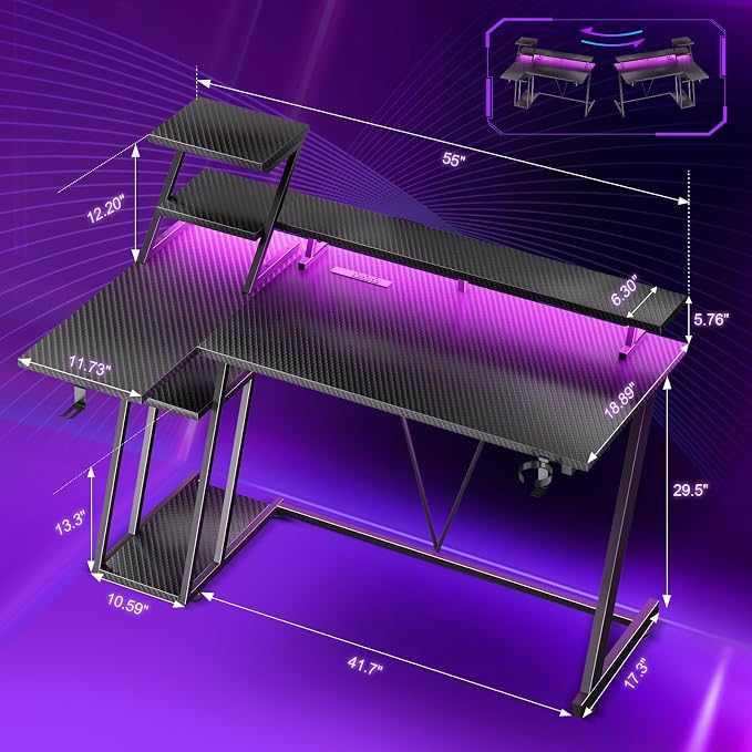 Korfile 55 Inch Gaming Desk with Power Outlet, LED, Monitor Stand, Black | Gaming Computer Desk, L Shaped Gamer Workstations, Storage Shelves, for Bedroom & Gaming room - Image 2