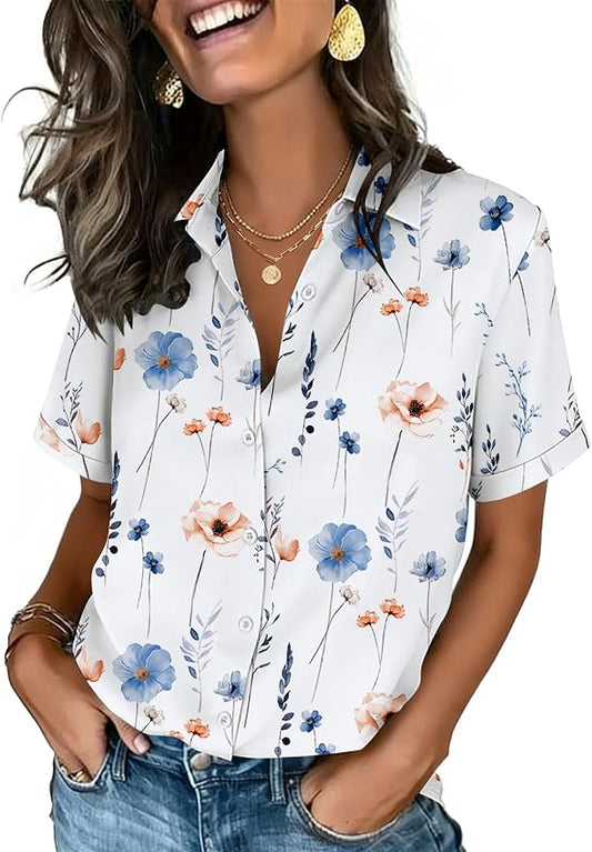 Zeagoo Button Down Shirts for Women Short Sleeve Collared Tops Dressy Casual V Neck Blouses by Zeagoo