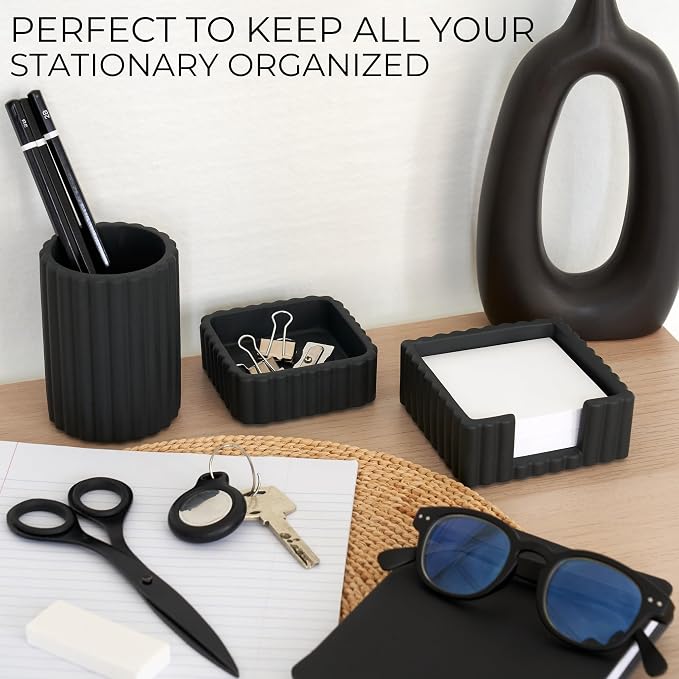 Aesthetic Desk Organizer Set of 3 For Your Office - Sturdy Concrete Desktop Accessories For Women Enhance Any Office Decor - Set incl. Pen Holder, Paperclip Storage & Sticky Note Holder for Teacher - Image 3