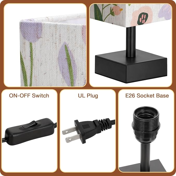 aooshine Small Bedside Table Lamp for Bedroom - Square Floral Fabric Shade | Inline Rocker Switch, Corded Electric, Bulb Not Included, 12.8" Mini Table Lamp for Nightstand, Desk, Dorm, Office - Image 6