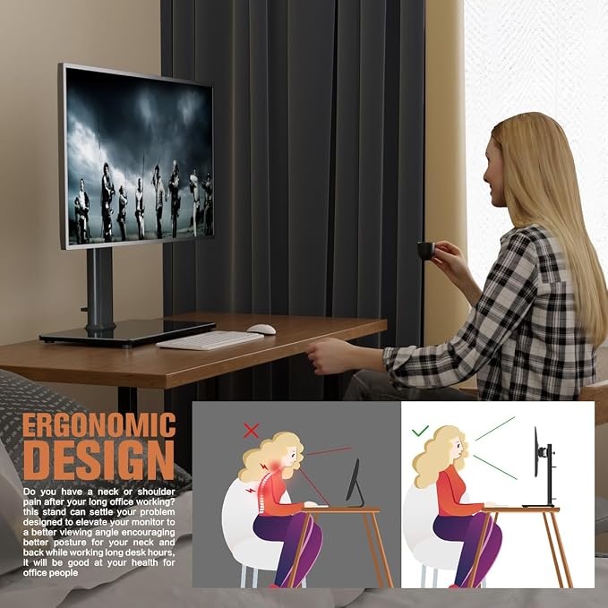 Single LCD Computer Monitor Free-Standing Desk Stand Mount Riser for 13 inch to 32 inch screen with Swivel, Height Adjustable, Rotation, Vesa Base Stand Holds One (1) Screen up to 77Lbs(HT05B-001)) - Image 8