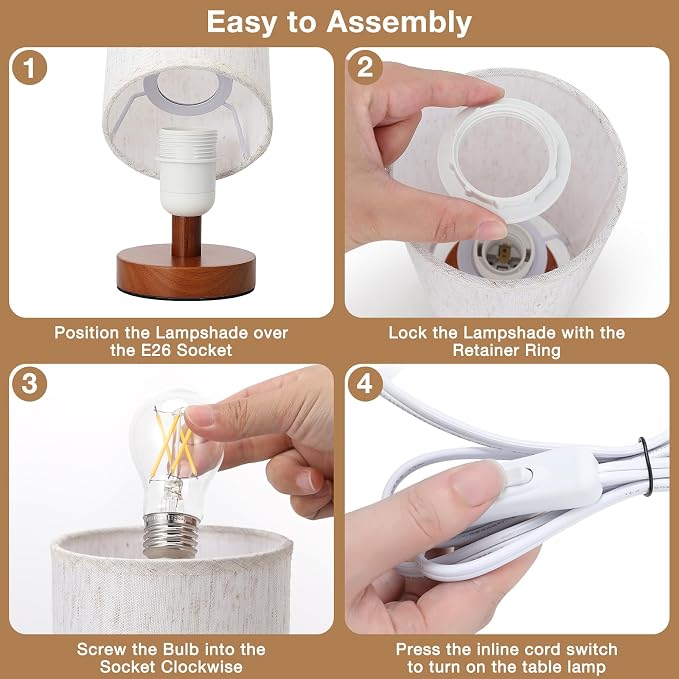 Fenmzee Small Table Lamps (Cream Shade - Walnut Base, 9" Inline Control) | 3000K LED Blub Included | 680 Lumens | Easy Assembly | Minimalist Design | E26 | for Kitchen | for Kids Room - Image 8