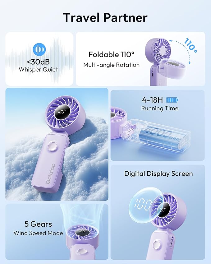 Gaiatop Portable Handheld Fan, 5 Speed Rechargeable Battery Max 18 Working Hours, 3 IN 1 Neck/Desk/Hand Fan Cooling for Travel, Beach, Women/Men Outdoor Activities Gifts - Purple - Image 2