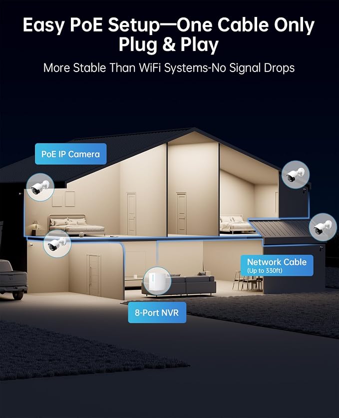 4K PoE Security Camera System, 8pcs 8MP PoE Wired Cameras Outdoor with AI Detection, Color Night Vision, IP67 Waterproof, No Subscription, H.265 4K 8CH NVR with 2TB HDD for 24-7 Recording(N2838) - Image 5