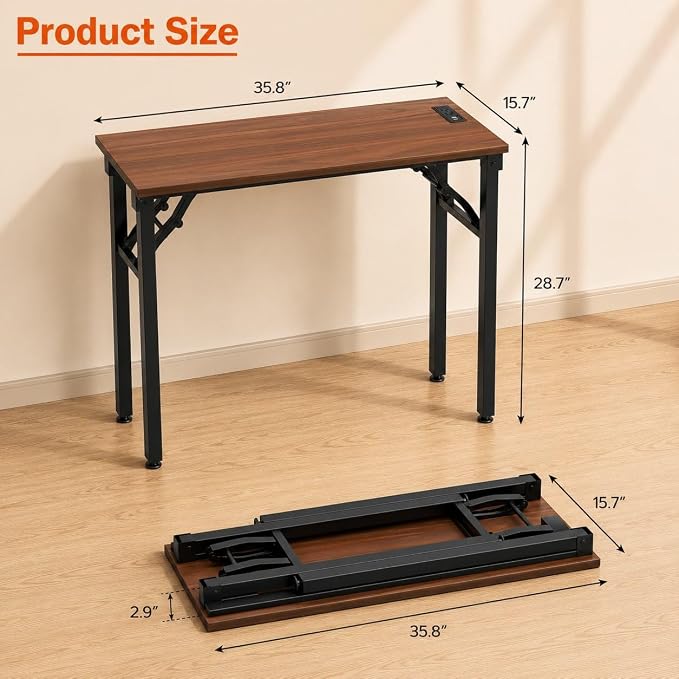 Folding Table Computer Desk - 35.8" No Assembly Folding Desk with Power Outlets & USB Charging Port, Small Desk, Foldable Office Desk, Compact Storage Portable Use for Small Space, Dark Walnut - Image 3