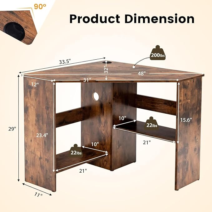 GOFLAME Corner Desk with Storage Shelves, Triangular Computer Desk with Cable Management Holes, Laptop Workstation for Small Space, Makeup Vanity Desk for Living Room, Study, Rustic Brown - Image 3