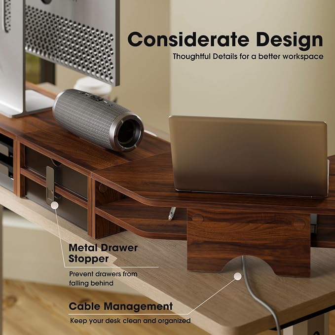 Fenge Dual Monitor Stand, 2-Tier Corner Monitor Riser with Drawer and Slide-out Tray, Triangle Desktop Shelf Organizer for Laptop Computer Printer Home Office Desk, Brown - Image 6