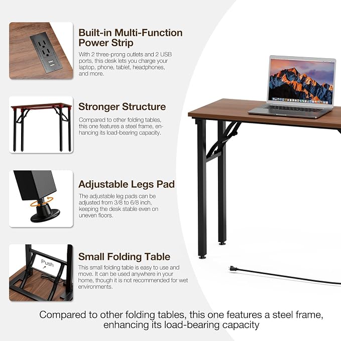 TEMI Small Computer Desk Folding Table - No Assembly, Compact 35.8" Foldable Desk with Power Outlets & USB Charging Port, Portable Small Office Desk, Ideal Mini Study Table for Narrow Spaces, Walunt - Image 8