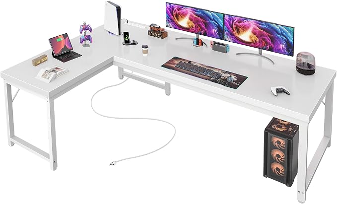Huuger 63 Inch L Shaped Desk with Power Outlets and USB-C Port, Reversible Computer, Larger Office Corner Gaming Desk, 0.95 Inch Thicker Desktop, Metal Frame, for Home Office, Study, White by Huuger