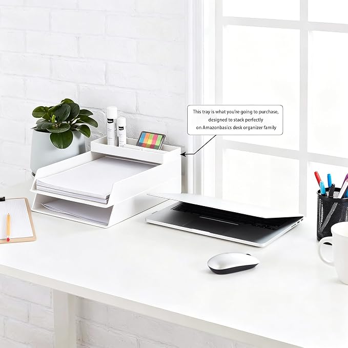 Amazon Basics Rectangular Plastic Desk Organizer, Half Accessory Tray for Office Supplies and Workspace Organization, 9.4" x 3.3" x 1", White - Image 2
