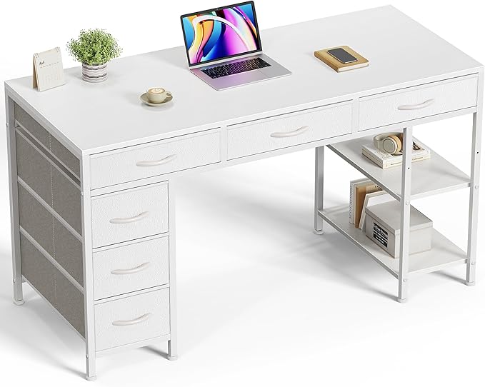 Huuger Computer Desk with 6 Drawers, Office Desk with Shelves, Reversible Gaming Desk, Corner Desk with Storage, Work for Home Office, Study, Living Room, 47inch, White by Huuger