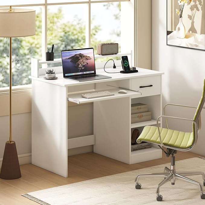 Giantex White Desk with Drawers, Modern Home Office Desk with Keyboard Tray, Monitor Stand & Adjustable Shelf, PC Laptop Table Computer Workstation, Study Writing Desk for Small Spaces, Bedroom - Image 3