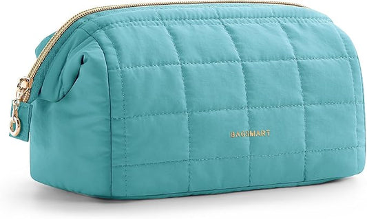 BAGSMART Makeup Bag Travel Cosmetic Bag, Puffy Padded Make Up Bags for Women Makeup Organizer Case, Wide-open Pouch Purse Travel Essentials Toiletries Accessories Brushes, Teal by BAGSMART