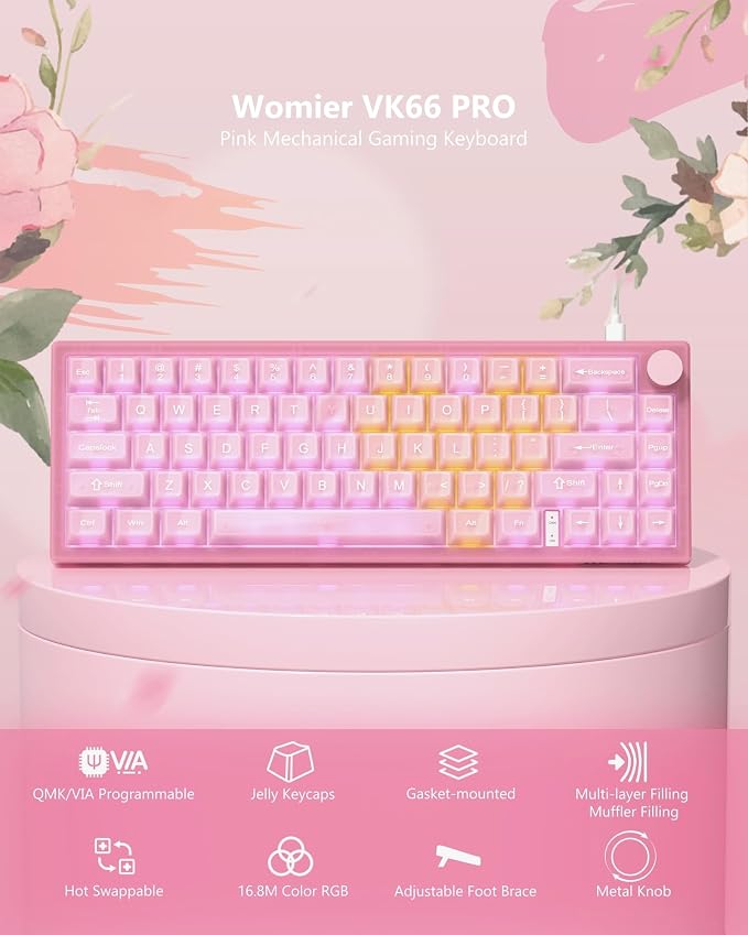 Womier 60% Keyboard QMK/VIA, Pink Gaming Mechanical Keyboard Creamy | Hot Swappable Gasket Mount RGB Wired Jade Keyboard, Jelly Keycaps POM Linear Switch for Windows/MAC(VK66 PRO Jelly) - Image 5