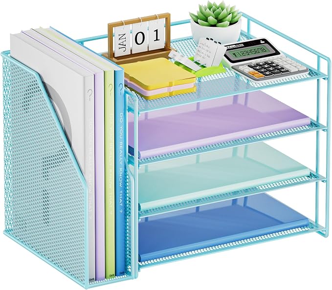 Marbrasse 4-Tier Paper Tray Organizer with File Holder, Blue | Sturdy Paper Tray, Built-in File Holder, fits Letters/Docs, Saves Desk Space, for School/Office/Home by Marbrasse