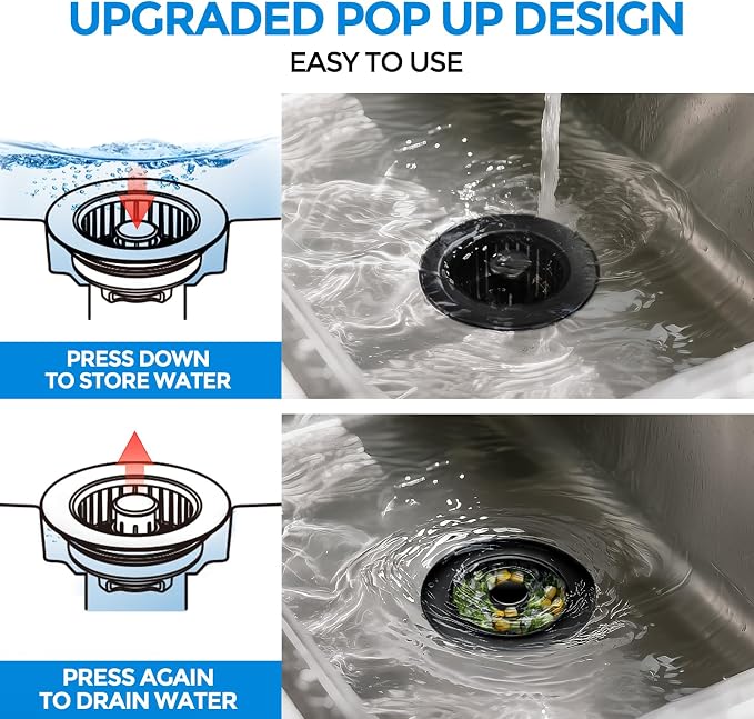 zaa 3 in 1 Kitchen Sink Drain Strainer Stopper Removable Basket Pop-Up | Kitchen Sink Accessories 1 Pack All Black Stainless - Food Catcher, Odor-Blocking Seal, Fits 3.5" Drain - Image 3