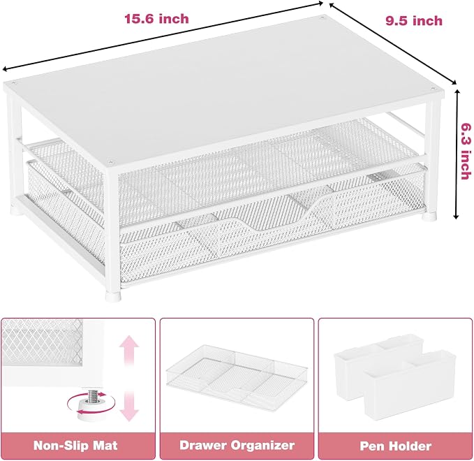 OPNICE Desk Organizers and Accessories, 2-Tier Computer Monitor Stand Riser with Drawer and 2 Pen Holders, Laptop Stand, Office Desk Accessories for Office Supplies, White Wood - Image 5