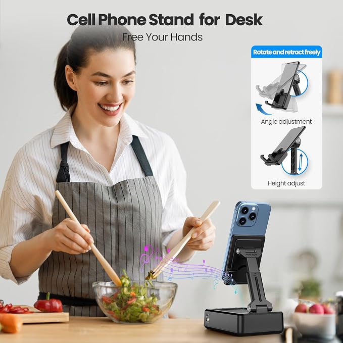 JTEMAN Cell Phone Stand with Bluetooth Speaker and Charging Function, HD Sound Adjustable Phone Holder, Birthday Gifts for Men Women, Cool Tech Kitchen Gadgets for All Phones,Tablet (Black) - Image 4